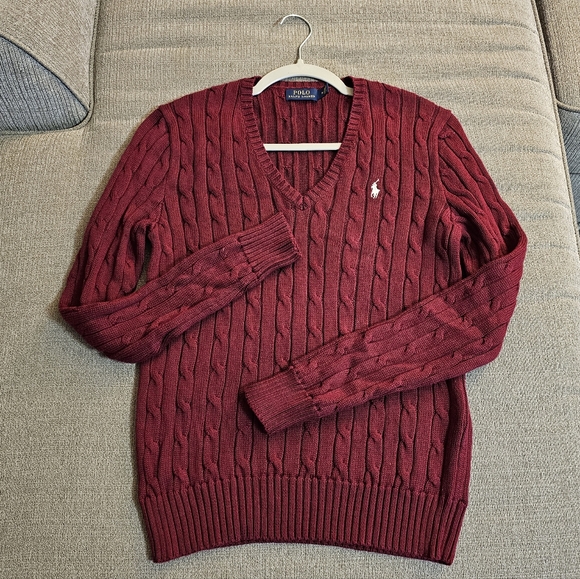Polo Ralph Lauren Berry Dark Red Cable Knit Casual V-Neck Sweater Size Medium - Picture 1 of 6